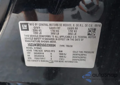 2016 Chevrolet Silverado 1500 2Lz из США, поврежденный, VIN 3GCUKSEC5GG336694